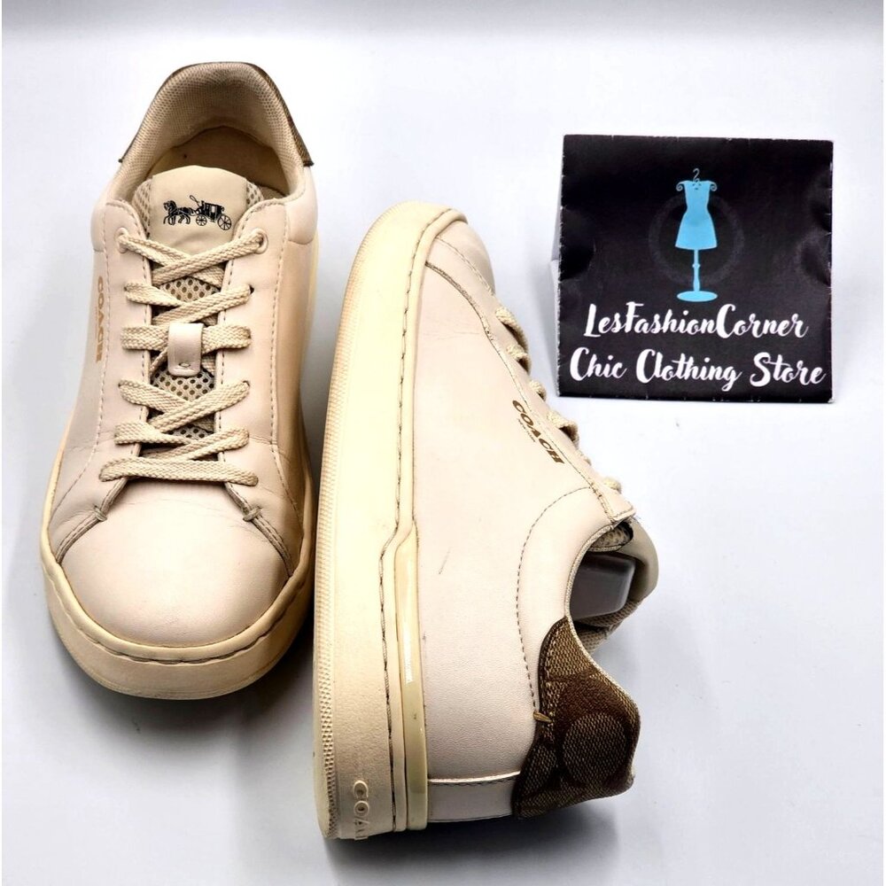 Coach Women's Beige Brown Logo Leather Clip Low-Top Sneakers Size 7.5B 2390 - Picture 13 of 16